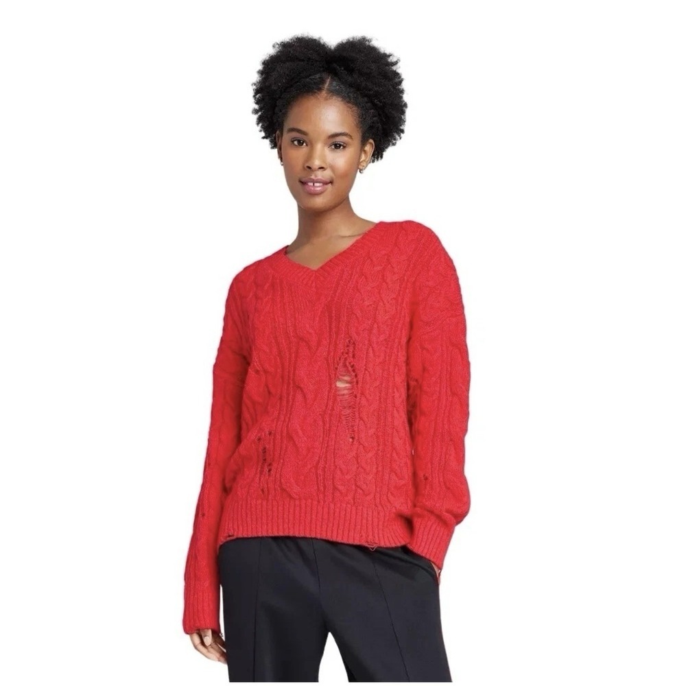 Wild Fable Women's V-Neck Sweater Red Size XL Chunky Knit Distressed New